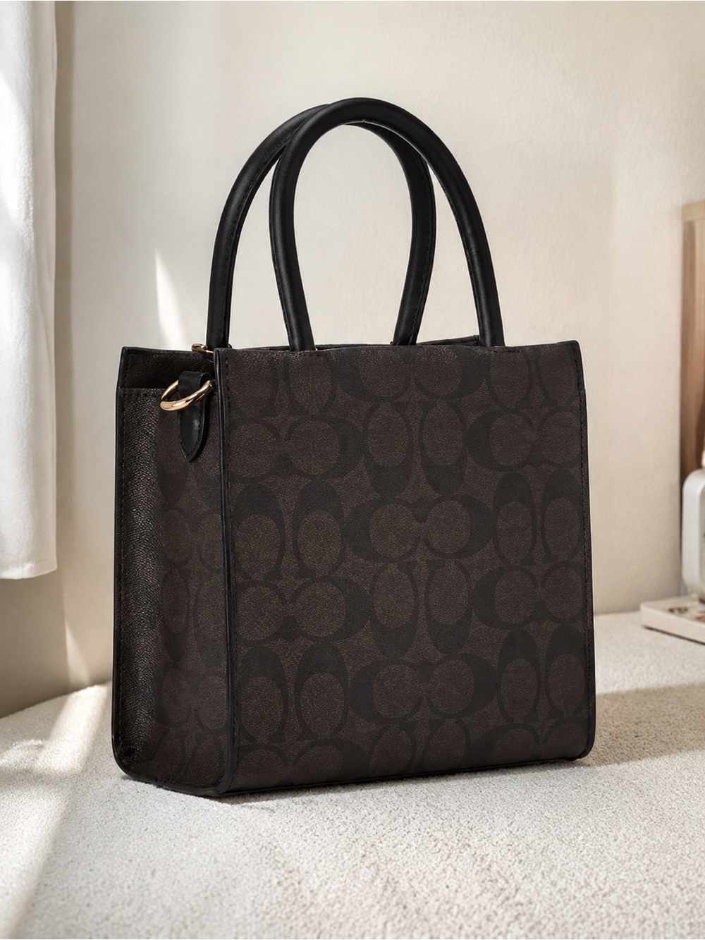 Coach Brown Signature Canvas Vertical Tote with Black Handles